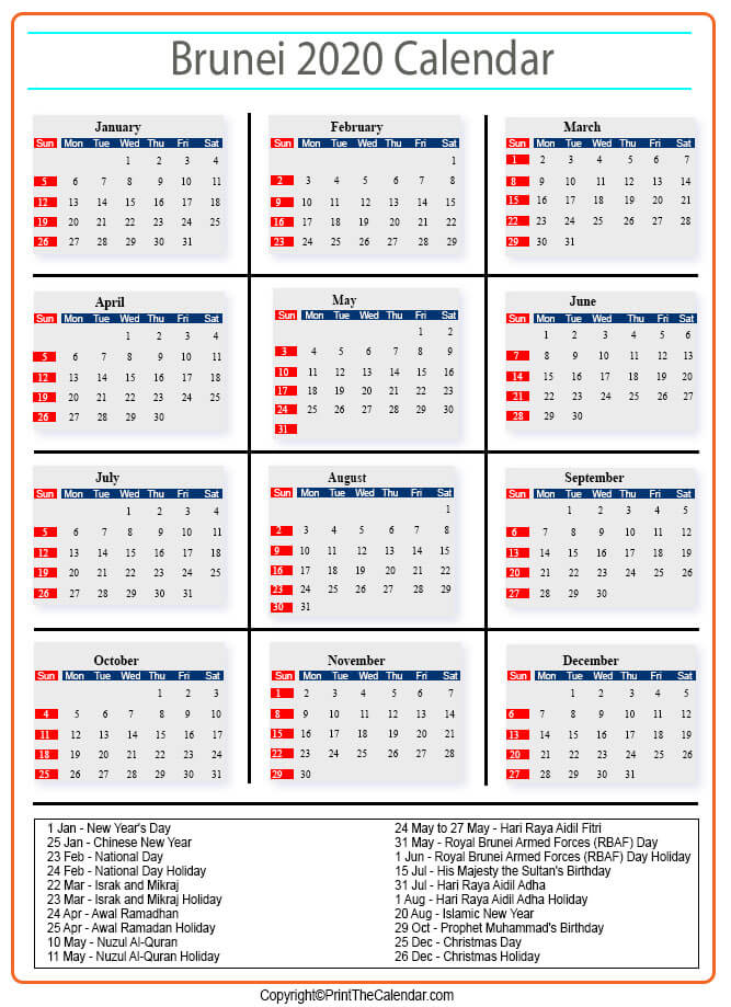 Brunei Calendar 2020